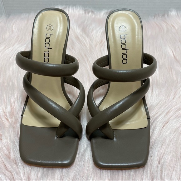 BN Boohoo Square Toe High Heel Padded Strappy Sandal In Mocha - Picture 2 of 8